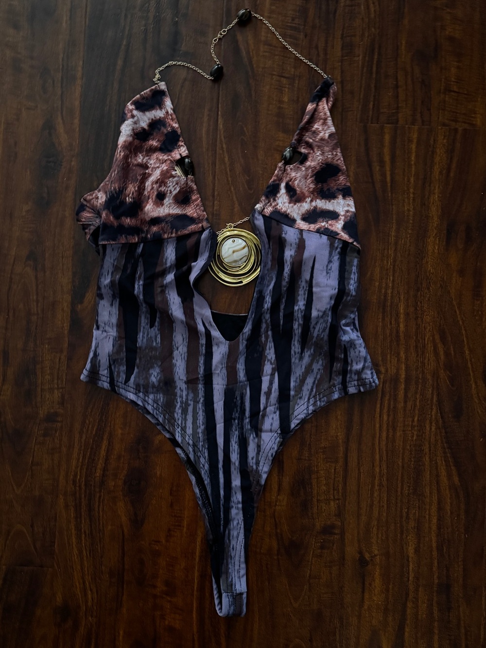 Animal Print Chain Plunge One-Piece Bodysuit - Brown & Grey